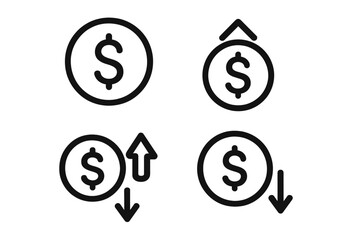 Financial Growth and Decline Line Icons Set. Dollar Coin with Up and Down Arrows. Price, Rate, Profit Increase and Decrease Symbol. Money Value Change. Transparent Vector for Apps and Websites