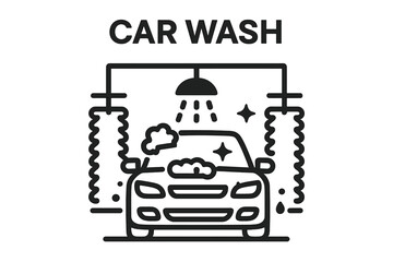 Car wash station icon. Carwash service symbol for cleaning the car body. Comprehensive washing and transport care concept. Clean automobile vector line art illustration.