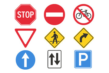Comprehensive Set of Printable Traffic Signs and Road Symbols. Vector Illustration of Stop, Yield, No Entry, No Bicycles, Pedestrian Crossing, Turn, One Way, Two Way, Parking. Transparent Background.