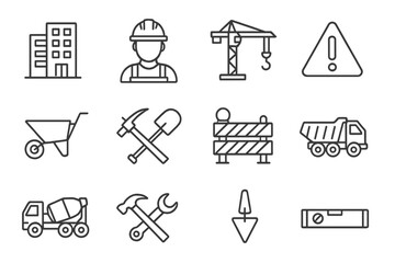 Construction industry thin line icon set with editable stroke. Vector symbols of building, tools, machinery, and equipment for architecture and engineering projects.