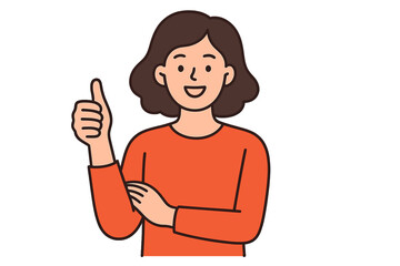 Happy Woman Giving Thumbs Up Gesture. Cheerful Female Character in Red Sweater Smiling and Showing Approval. Positive Expression Cartoon Illustration. Confident Modern Young Woman Concept.