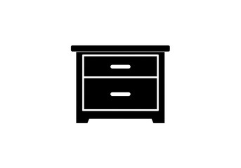 A black and white minimalist illustration of a small two drawer nightstand furniture item