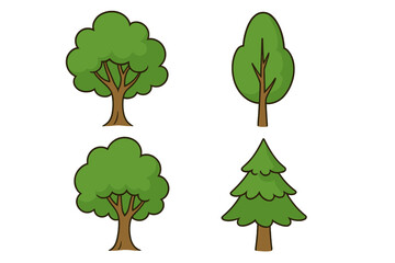 Set of Cartoon Green Tree Vector Illustrations for Animation and Video Design, Lush Foliage, Deciduous and Coniferous Trees, Stock Clipart, Transparent Background Elements