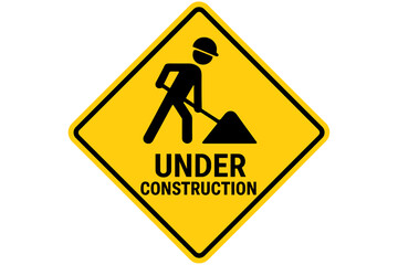 Caution Under Construction Sign Vector. Road Work Safety Warning Symbol. Worker with Shovel Silhouette. Yellow Diamond Traffic Sign. Industrial Area Alert. Printable Transparent PNG Illustration