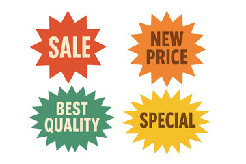Set of 4 Retro Sale Stickers and Price Tags, Starburst and Sunburst Badges, Quality Marks, Attention Grabber Vector Elements, Flat Design Speech Bubbles, Vintage Style
