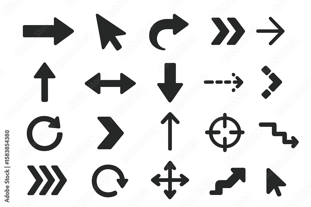 Poster black vector arrows collection. set of simple modern arrow icons. cursor and pointer signs for web d