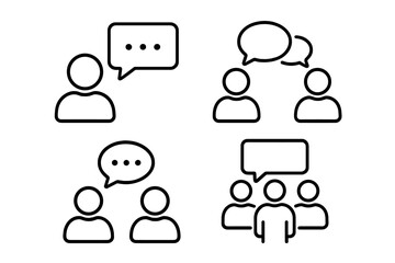 Obraz premium Set of 4 Speaking and Communication Web Icons in Line Style, People Talking, Discussion, Speech Bubbles, Team Interaction, Mobile and Web App Symbols
