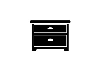 A simple black and white illustration of a two drawer nightstand on a white background