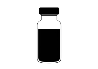 Obraz premium Illustration of a small bottle with a black cap and filled with a dark liquid on white background