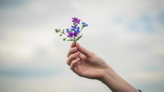 Woman's hand holding small purple wildflowers against cloudy sky. Nature appreciation, simplicity concept. Romantic gesture for greeting card or social media post.