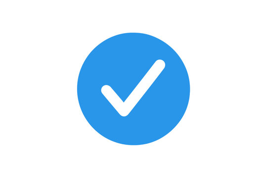 Blue tick social media verified account icon. Approved profile sign. Checkmark for authentication. Official user badge. Concept of trust, safety, security, certification. Vector.