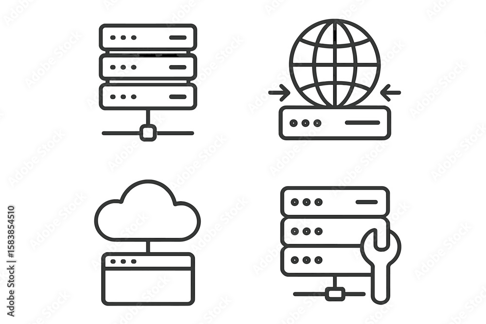 Poster modern web hosting and cloud computing icons set. line style vector illustrations of server, data ex