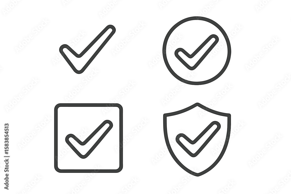 Poster check mark line icon set. tick, approve, and validation symbols. quality control, security shield, a