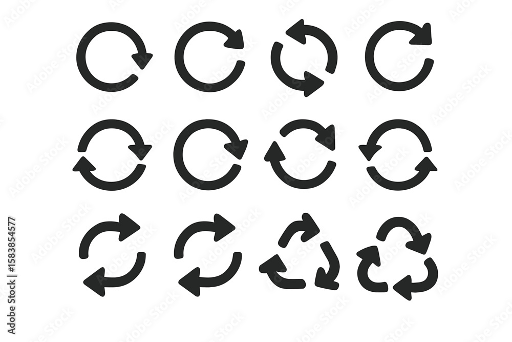 Poster arrow icon set for refresh, reload, rotate. circular arrows for sync, update, and recycling process.