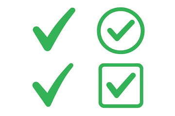 Check mark vector icon set. Green tick symbol collection for checklist design. Correct, yes, ok, approved sign. Success, complete, pass button. Simple flat vote choice symbol.
