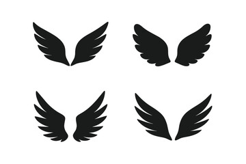 Set of 4 Black Wings Icons, Bird and Angel Wing Elements, Vector Collection of Different Wing Shapes, Silhouettes on Transparent Background, Vector Illustration