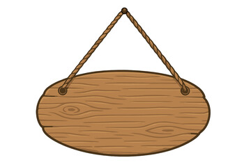 Wooden sign board hanging on a rope. Blank, empty oval wood plank for message or text. Rustic cartoon vector illustration. Vintage signboard, nameplate, or plaque isolated.
