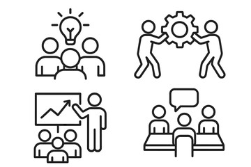 Business Workshop and Team Collaboration Line Icons Set. Teamwork, Brainstorming, Coaching, Project Management, Training, Meeting, Presentation. Corporate Communication and Leadership Concept