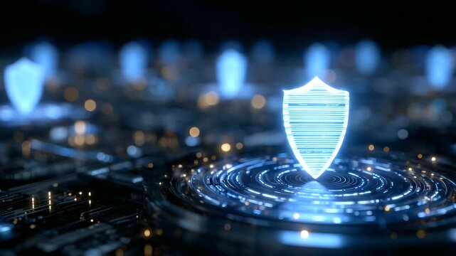 Information security specialist runs a full backup protocol on cloud servers, protective firewalls visualized as holographic blue shields around system nodes