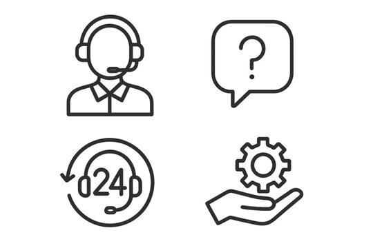 Customer service and support icon set. Line style web and mobile app icons for help and online assistance. Call center operator, 24-hour service, and technical support.
