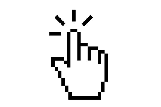 Click cursor icon. Pixelated hand pointer symbol for web design. Computer mouse clicking finger gesture. Vector illustration for website button, link, or user interface element.