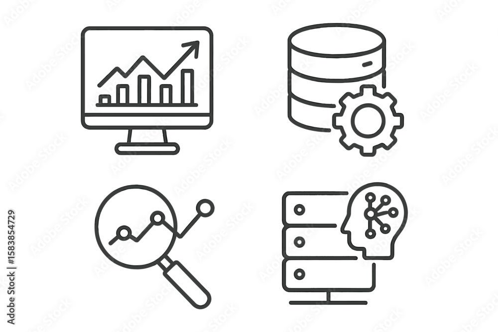 Poster data analytics line icon set. big data analysis, statistics, and database processing icons. machine 