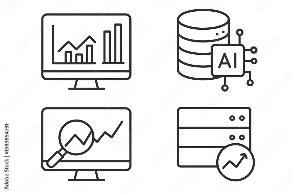 Poster data analytics line icon set. business intelligence and big data analysis symbols. ai technology, da