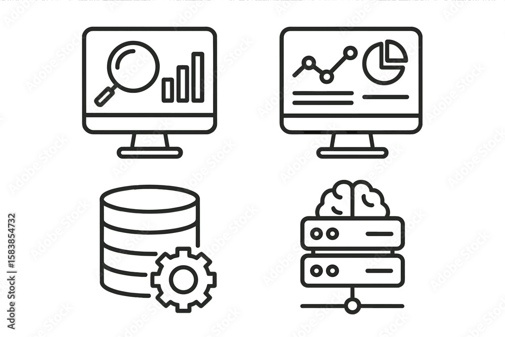Aufkleber data analytics and business intelligence line icon collection. set of vector symbols for data proces