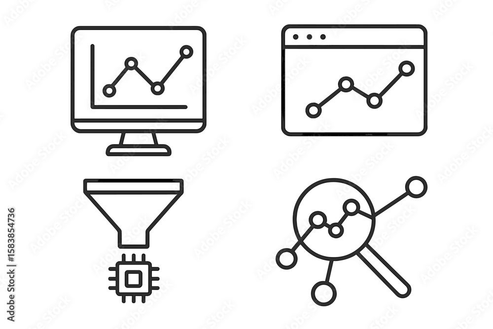 Poster data analysis line icons set. analytics pictograms for web and mobile apps. concepts include graph, 