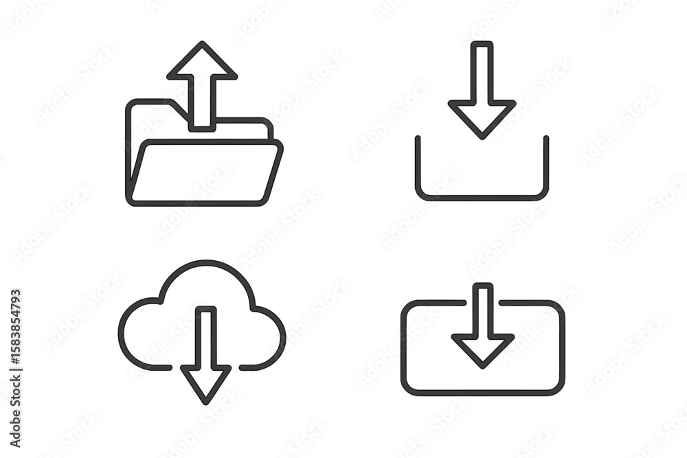 Poster upload and download vector icon set in thin line style. web and mobile app ui/ux linear pictograms. 