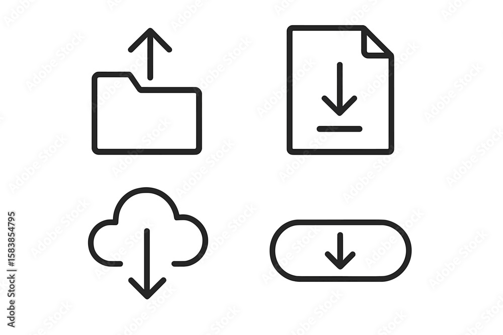 Poster upload and download vector icon set in thin line style. simple linear collection of cloud storage, f