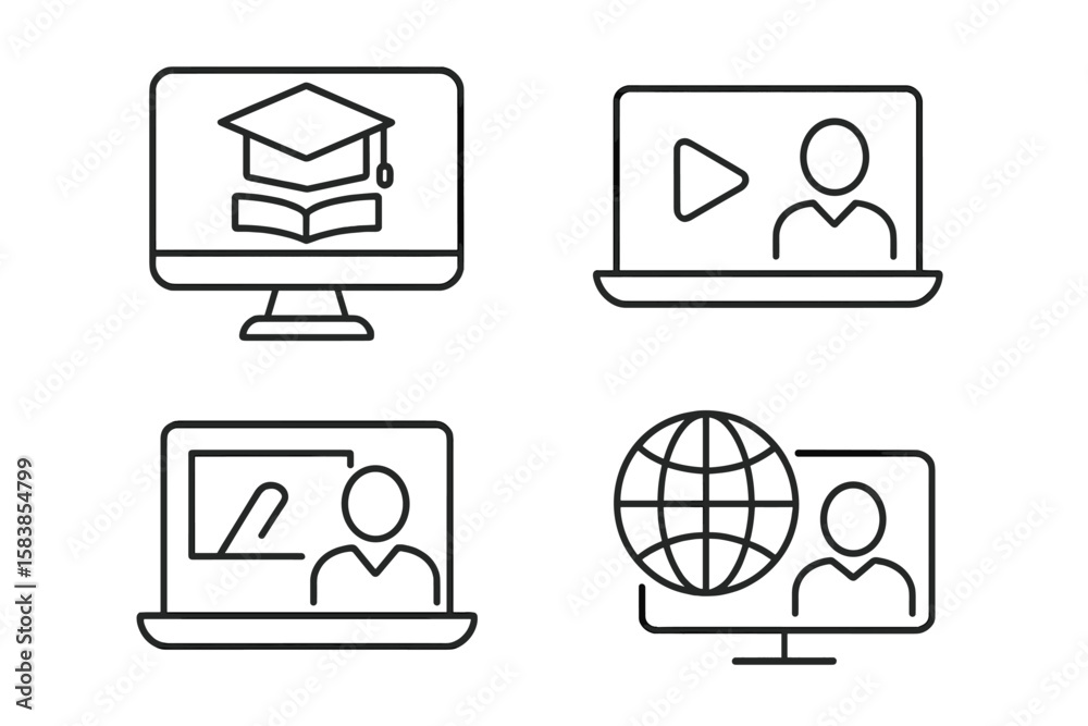 Fototapete E-learning icon set for online education and digital knowledge. Thin line style web icons for distance learning, video tutorial, online lecture, virtual classroom, school.