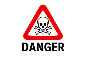 Danger sign with skull and crossbones in red triangle. Warning symbol for toxic, poison, death, and hazard. Vector icon illustration for safety, alert, and caution.