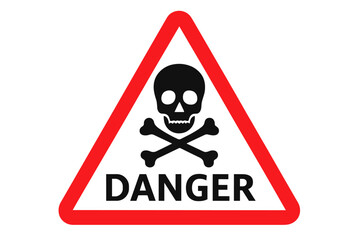 Danger sign with skull and crossbones. Warning symbol in red triangle. Vector illustration for hazard, toxic, poison, or death risk. Attention grabbing safety icon design.