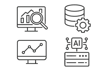 Data analytics and AI icon set. Thin line style icons for web and mobile. Data processing, statistics, database management, and machine learning concepts vector illustration.