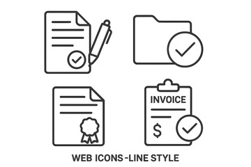 Document icon set in thin line style. Collection includes approved contract, signed agreement, completed project folder, payment invoice, and certified diploma for web design.