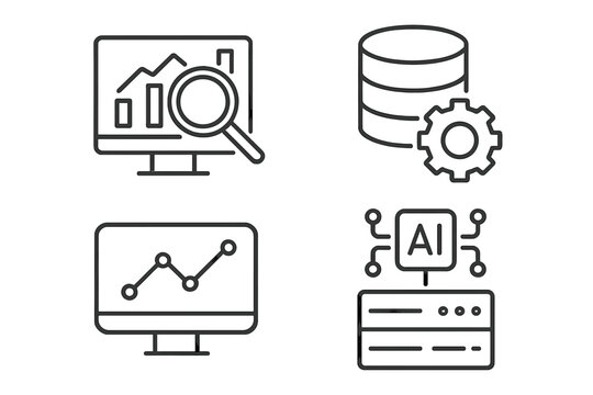 Data analytics and AI icon set. Thin line style icons for web and mobile. Data processing, statistics, database management, and machine learning concepts vector illustration.
