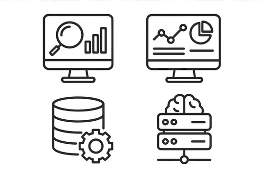 Data analytics and business intelligence line icon collection. Set of vector symbols for data processing, statistics, database management, monitoring, and machine learning AI.