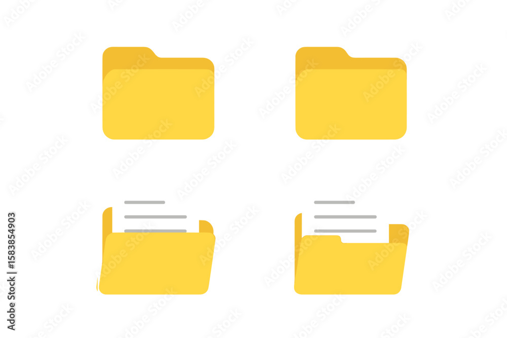 Poster folder icon set. open and closed folders with documents inside. flat vector illustration for web des