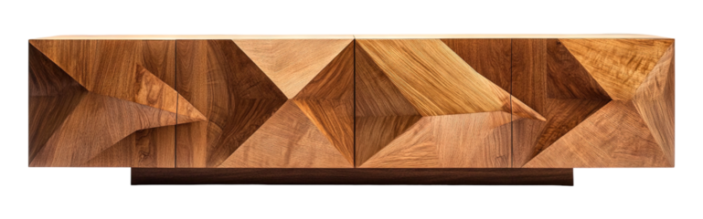 Wooden Cabinet with unique faceted design isolated on transparent white background png, clipping path