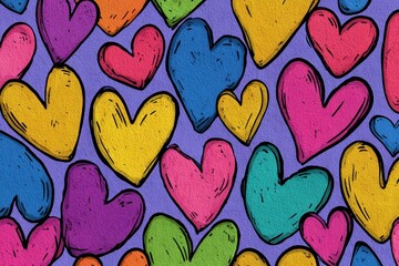 Obraz premium Colorful hand-drawn heart pattern unifying vibrant shades on a soft textured background depicting joy and creativity in design
