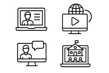 E-learning line icon set. Online education, distance learning. Vector symbols for web and mobile app. Video tutorial, webinar, online course, digital school, virtual university.