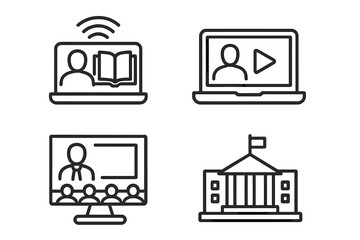 E-learning icon set in thin line style. Online education, distance learning, video tutorial, webinar concepts. Vector icons for website, school, university, mobile app.