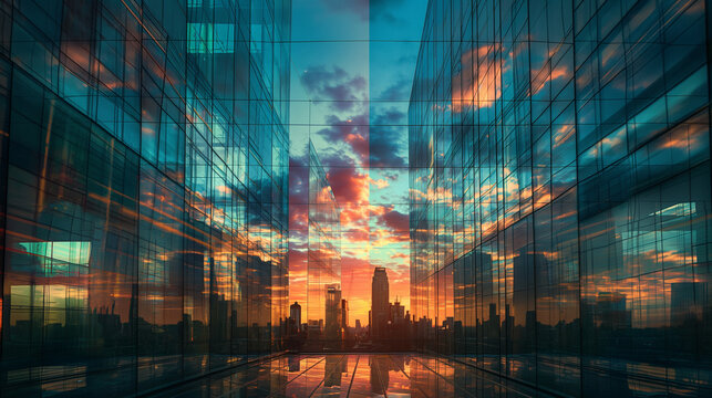 Urban Reflection at Sunset A Glass Corridor View of a Vibrant Cityscape