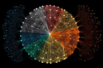 Colorful circular network diagram showcasing intricate connections, highlighting relationships among various nodes in a visual format