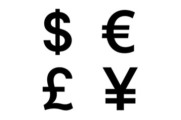 International currency symbol icon set with the most common money signs: dollar, euro, pound, and yen. Black vector illustration for finance, and business concepts.