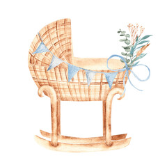 Baby Boy cradle from rattan with Bunting Party blue Flags and eucalyptus bouquet in Vintage style. Hand drawn Watercolor Crib illustration in eco style. Children's accessory for newborn greeting or