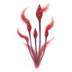 Abstract illustration of four pointed, red, flower-like structures emerging from a central point, surrounded by wispy, dusty, light-red/pink clouds