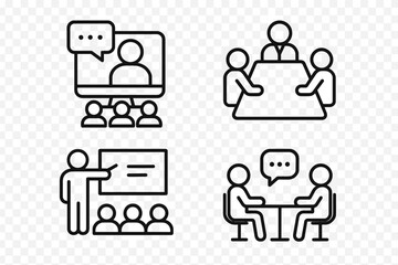 Business Meeting and Communication Line Icons Set. Virtual Webinar, Team Conference, Interview, Classroom Presentation, Online Meeting, Group Discussion, Office Training, Outline Vector Illustration
