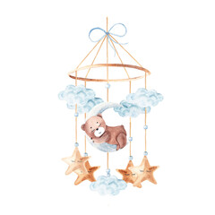 Watercolor baby cradle Mobile with cute teddy bear sleeping on moon with clouds and stars. Hand drawn illustration in pastel colors of kids hanging toy. For greeting cards, gender reveal, its a boy